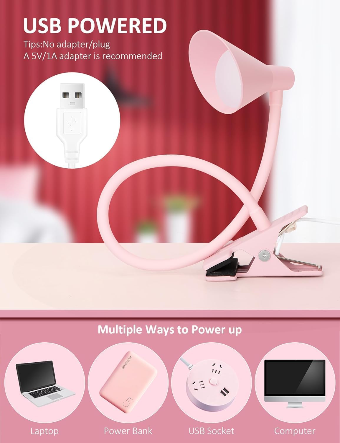 Clip on Light, Eye Care Reading Lights for Books in Bed 3 Color Modes & 10 Brightness Clip on Lamp Reading Book in Bed with Auto Timer, Reading Light for Bed Headboard Desk Bedside Dorm - Pink