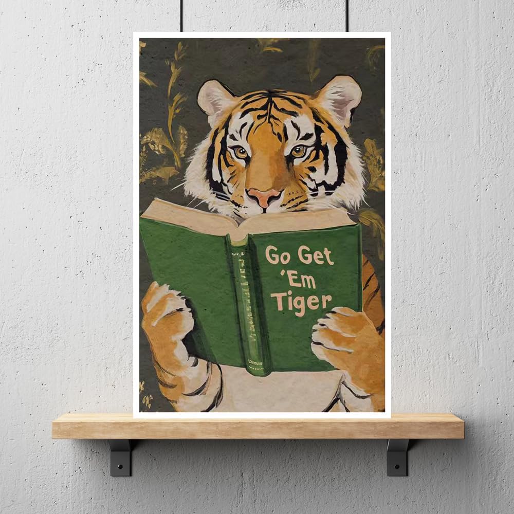 Funny Tiger Reading Green Book Canvas Poster Go Get Em Animal Print Painting Vintage Motivational Wall Art Humorous Bookworm Aesthetic Pictures Decor for Study Library Office 12x16inch Unframed