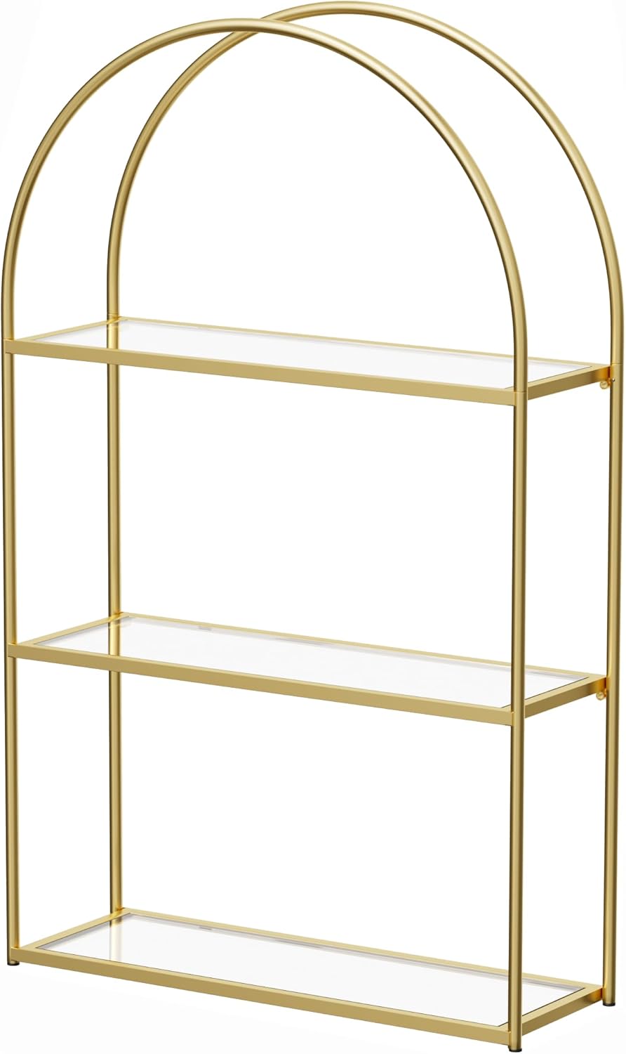 Crofy Gold Arched Frame Wall Shelf, Decorative 3 Tier Bathroom Wall Shelf with Transparent Tempered Glass Shelves and Robust Storage Capacity, 5.1" D x 18.1" W x 28.9" H