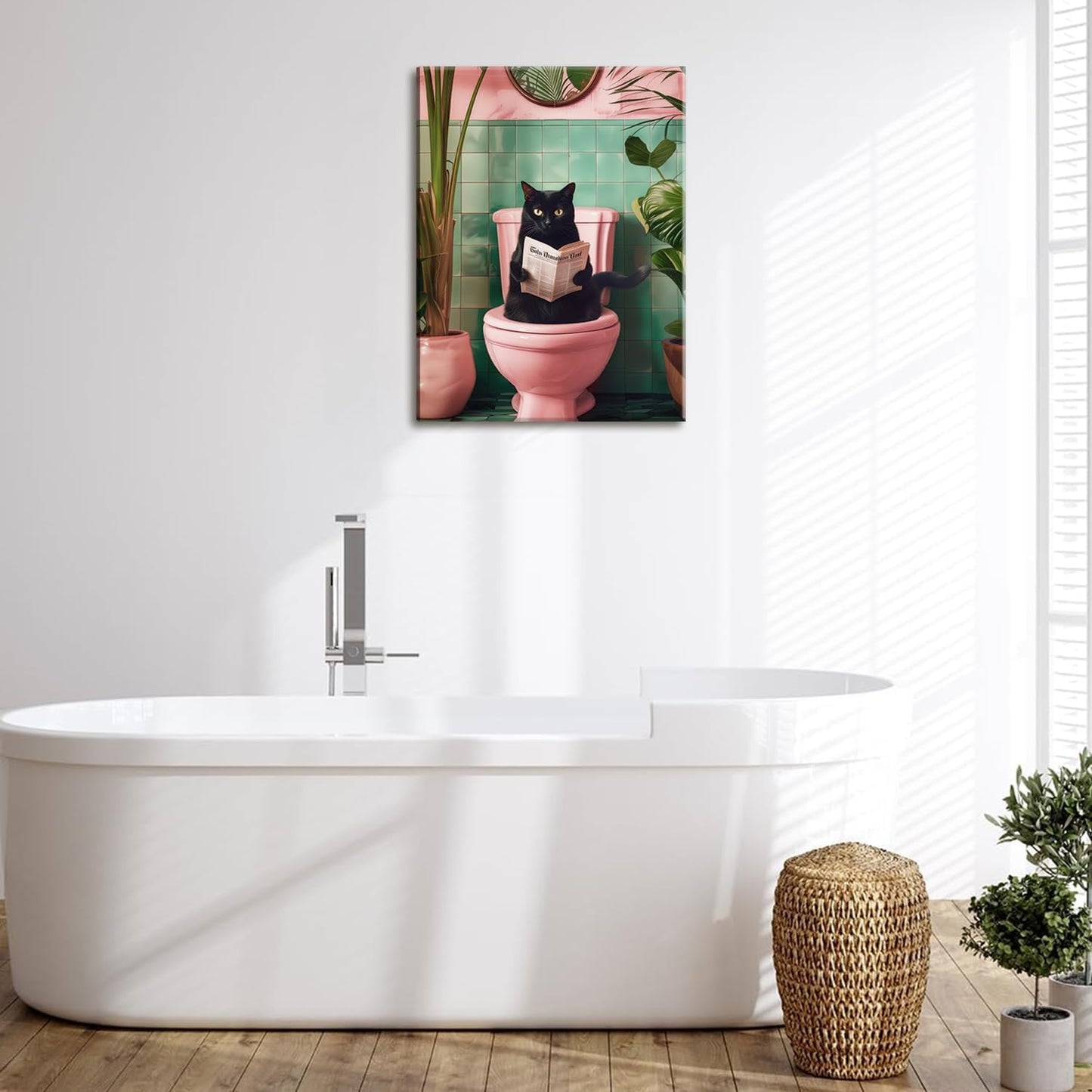 Funny Cat Bathroom Wall Art, Cute Black Cat Wall Decor Paintings, Whimsical Animal Reading Newspaper on The Toilet Poster Canvas Prints Aesthetic Picture 12x16 inch Framed