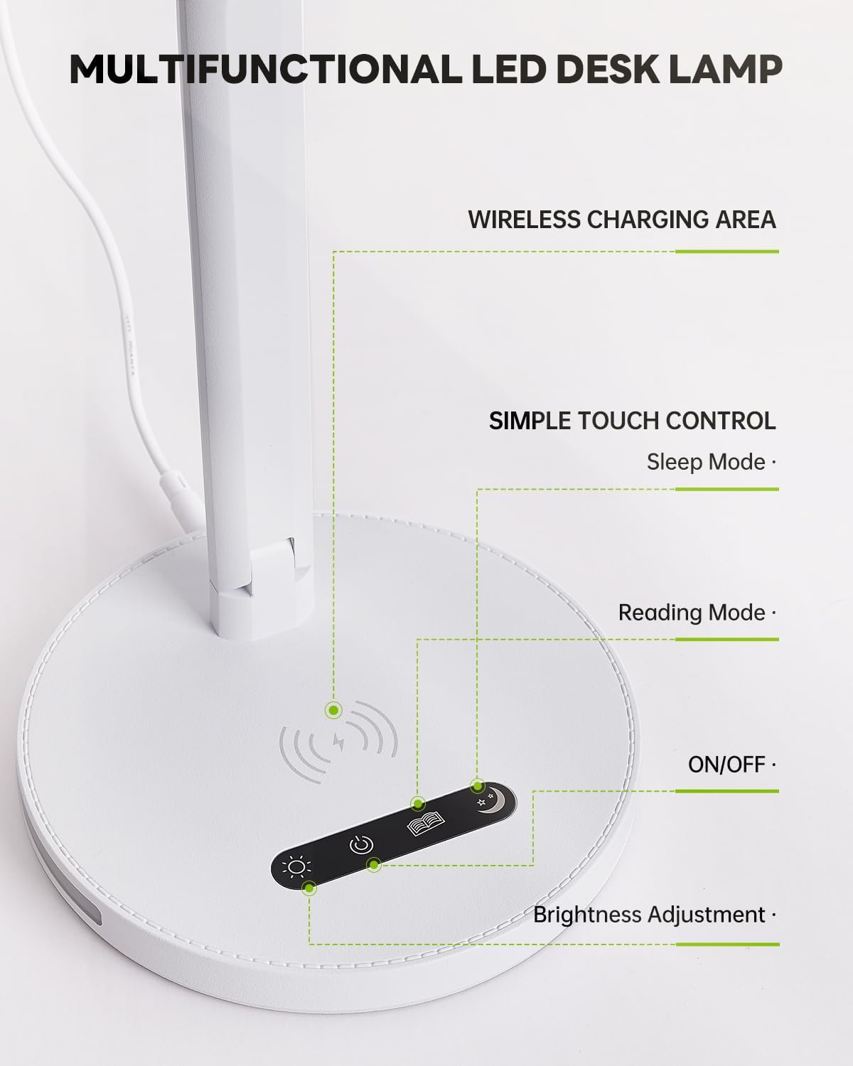 Upgraded LED Desk Lamp with Wireless Charger, Stepless Dimmable Foldable Table Lamp for Home Bedroom Office Sturdy Room, 3 Color Temperatures, Memory Function