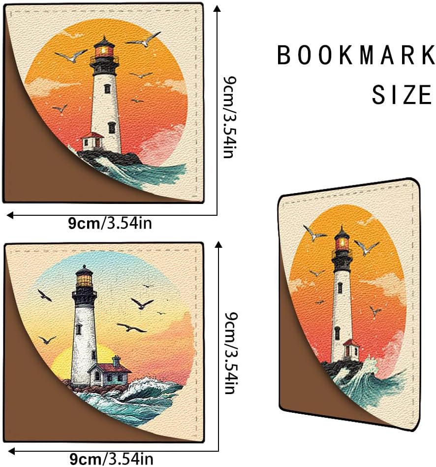 2 PC Bookmark Set, 3.54 x 3.54 Inch Lighthouse Ocean Sunset Design Reading Page Marker with Seagull and Wave Pattern for Students, Teachers and Book Lovers
