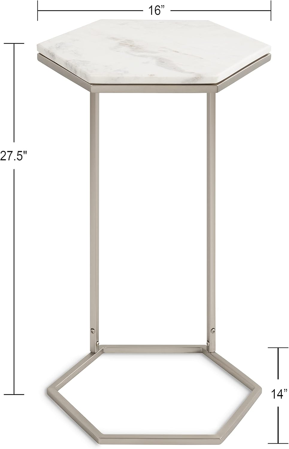 Kate and Laurel Trillion Modern C-Table; 16 x 14 x 28; Silver; Chic Marble Accent End Table with Geometric Hexagon Top