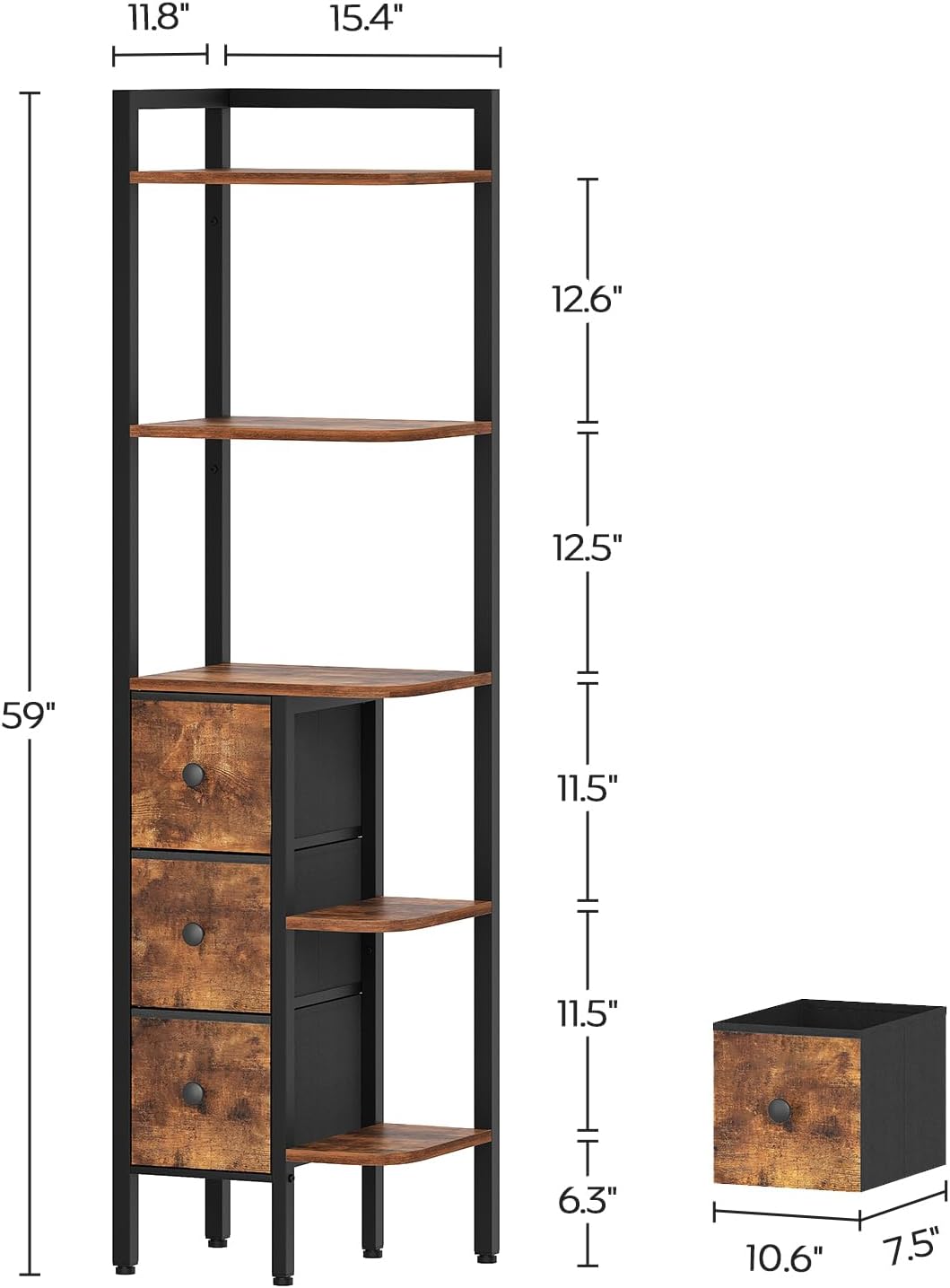 Corner Shelf Stand, 5-Tier Corner Bookshelf with 3 Drawers, Industrial Display Shelf for Narrow Spaces, Wooden Small Bookcase, Easy Assembly, Rustic Brown and Black CJ10BR