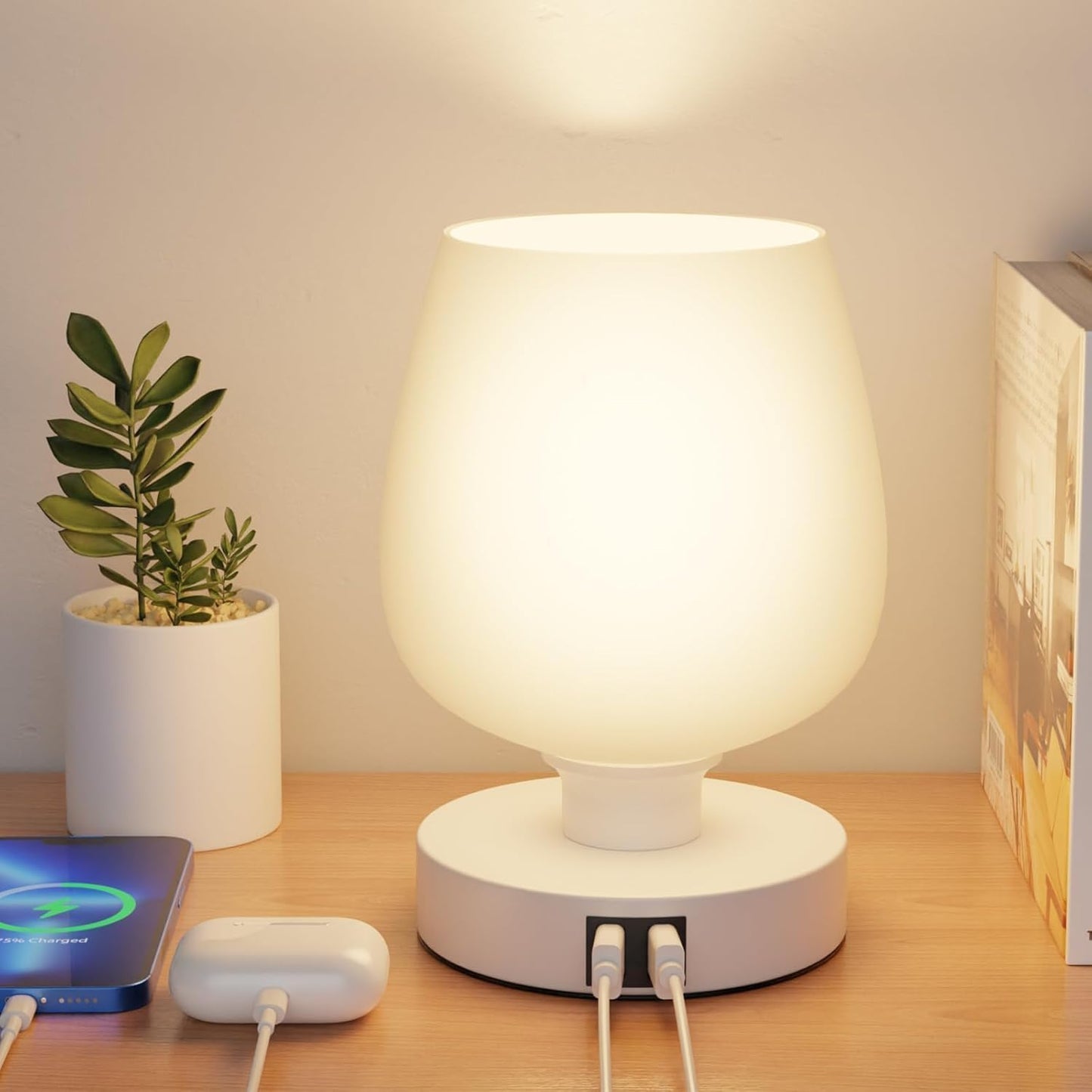 Touch Bedside Table Lamp with 2 USB Ports - 3 Way Dimmable Modern Small Lamps for Bedroom Living Room Nightstand, Desk Lamps with White Opal Glass Lamp Shade, Warm LED Bulb, Bulb Included
