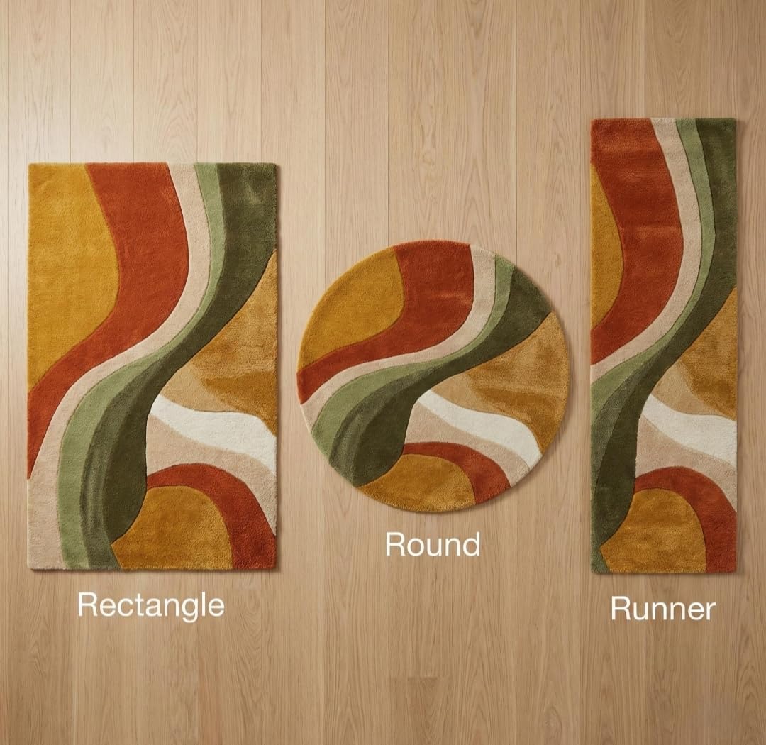 Retro Wave Area Rug, Multicolor Abstract Curved Stripes, Mustard Yellow Rust Orange Olive Green Cream, Modern Bohemian Style (12 * 18 feet)