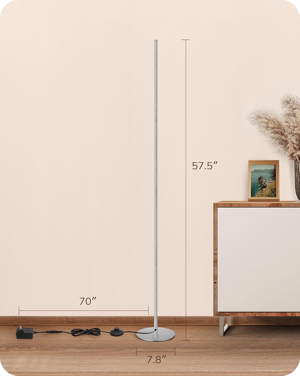 EDISHINE LED Corner Floor Lamp, Minimalist Dimmable Mood Light, Adjustable Height, 57.5" Tall Floor Lamp for Bedroom, Living Room, Home Office, 3000K Warm White Light, Silver