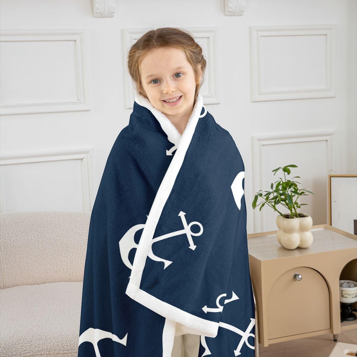 Feelyou Nautical Fuzzy Blanket Anchor Sherpa Throw Blanket Sea Adventure Fleece Throw Blanket Soft Warm Cozy Ocean Theme Plush Blanket Navy Blue 60"X80"