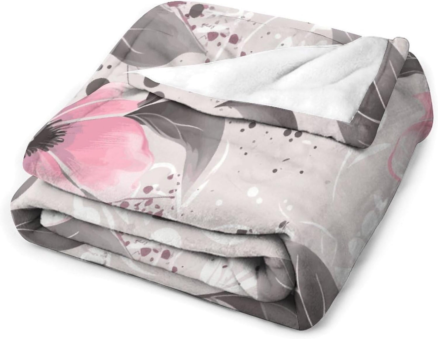 Pink Flowers And Leaves on Gray Blanket Super Soft Lightweight Throw Blanket Cute Cozy Warm Bed Blanket Decorative Fuzzy Blanket All-Season Home Decor Gift for Sofa Couch Living Room 50"*60"（130*150cm