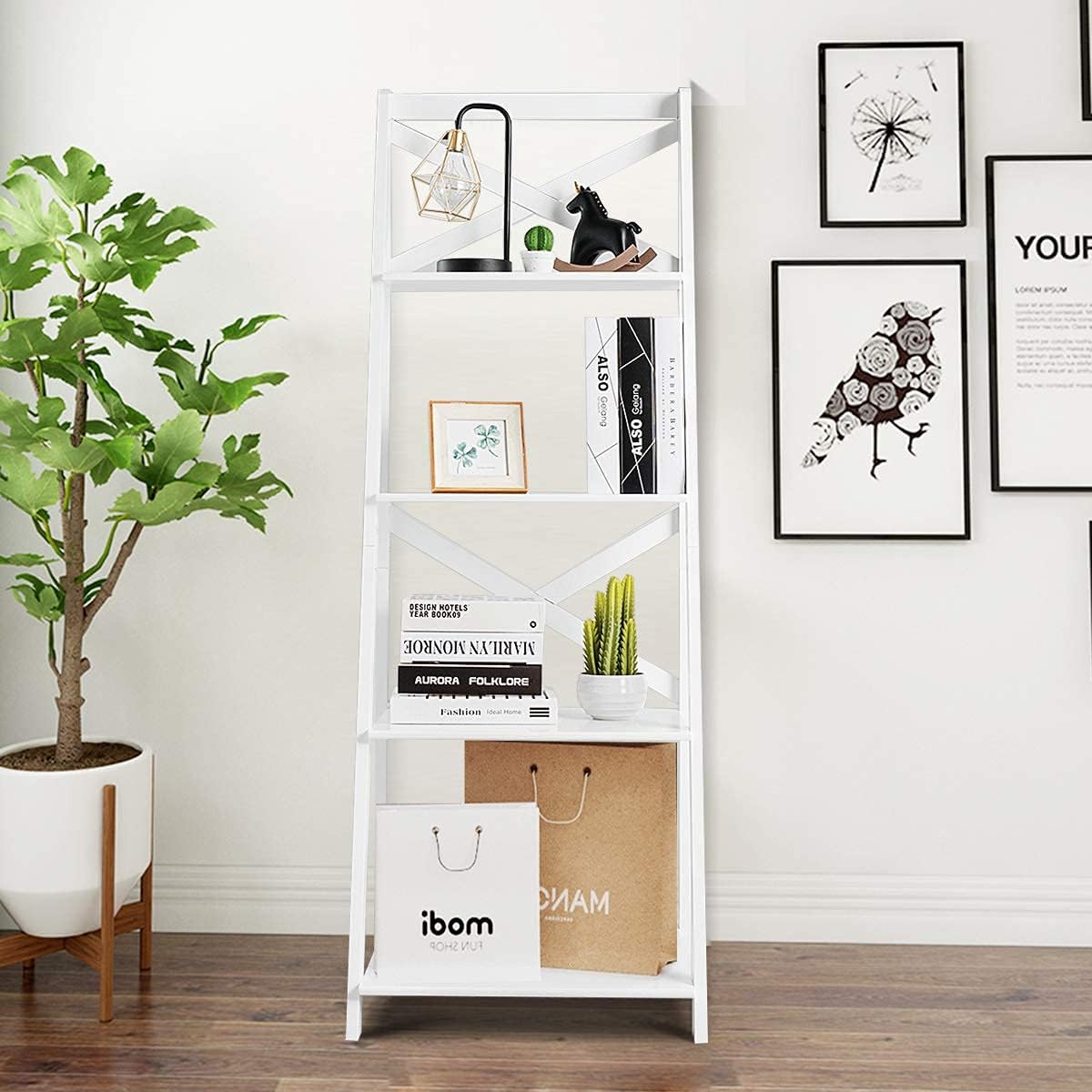 4-Layer Ladder Shelf Rack, Free Standing Wooden Bookcase, Flower Plants Display Shelf, Multifunctional Storage Bookshelf for Entryway Living Room Kitchen Bedroom Office (1, White)