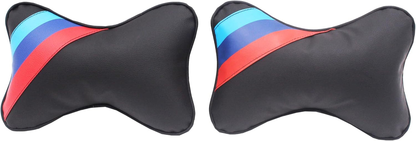 2 Pcs Set BMW M Sport Series Color Stripes - PU Leather Universal Car Head Neck Pillow for Better Neck Support Driving Comfort Pain Relief Travel headrest Pillows