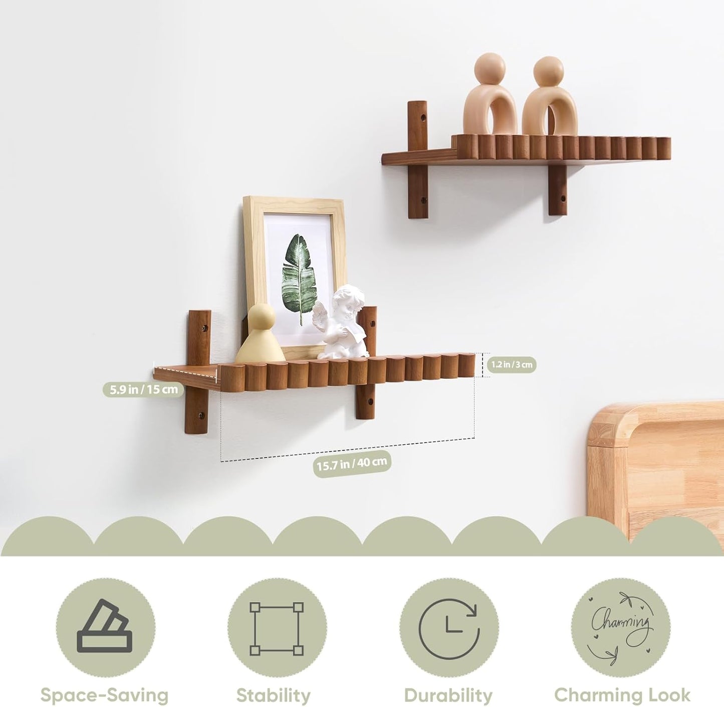 Floating Shelves for Wall, 2 PCS 15 inch Wood Wall Decor Shelf Bookshelf, Decorative Picture Ledge Shelves for Bedroom, Living Room Storage, Brown