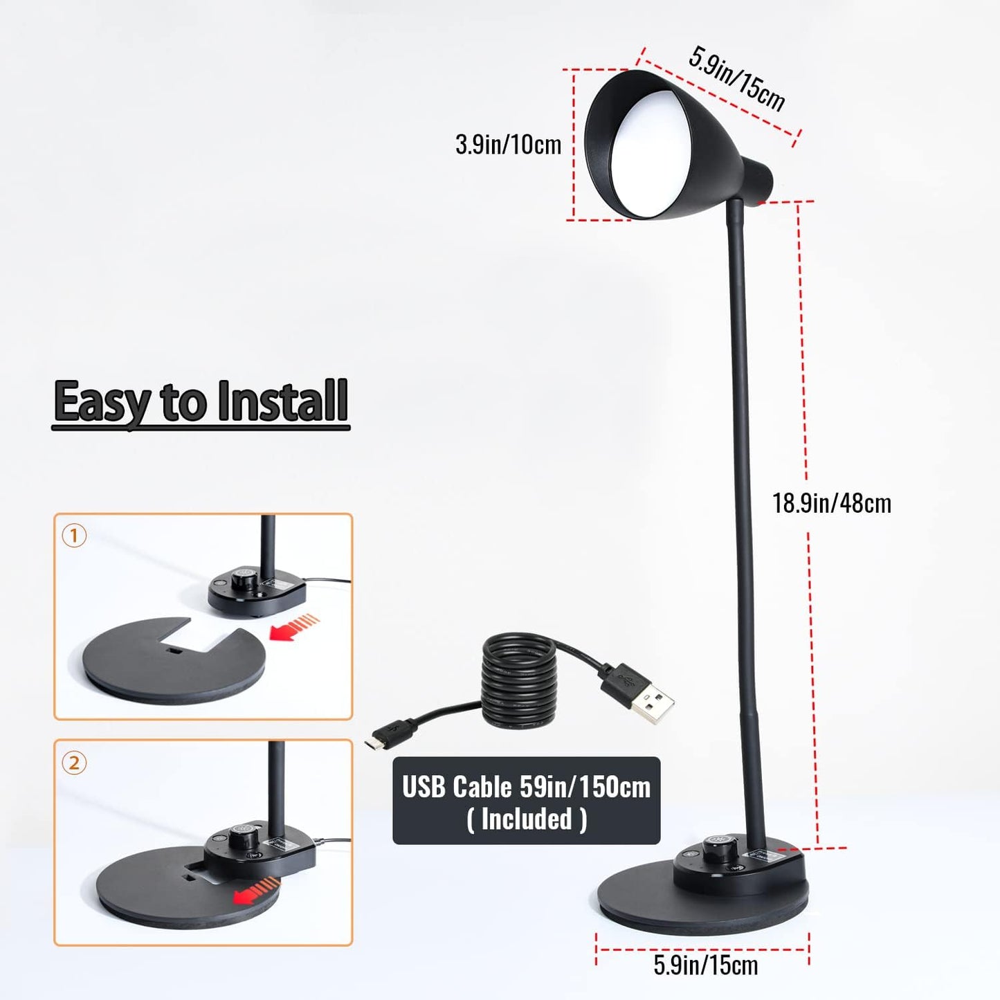 LED Desk Lamp, Desk Light with USB Charger, 3 Color Temperature and 20 Brightness Levels, Eye-Caring Metal Desk Light for Office and Bedroom, 10W, 1000 Lumens, Adapter Included (Black)