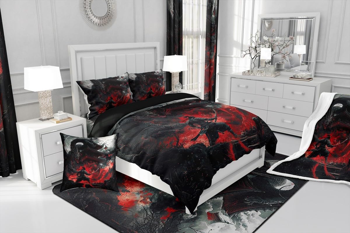 Feelyou Dragon Fleece Throw Blanket Queen 90"x90" Japanese Style Plush Blanket for Boys Girls Teens Samurai Sherpa Blanket Dragon Decor Fuzzy Blanket Room Decor Black Red Flannal Blanket