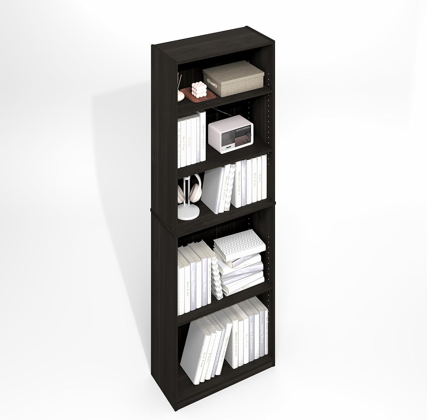 Furinno Jaya Simply Book Shelf, 5-Tier Bookshelf, Bookcase with Adjustable Shelves, 9.5 x 24.5 x 71.2, for Living Room, Bedroom, Home Office, Black Espresso