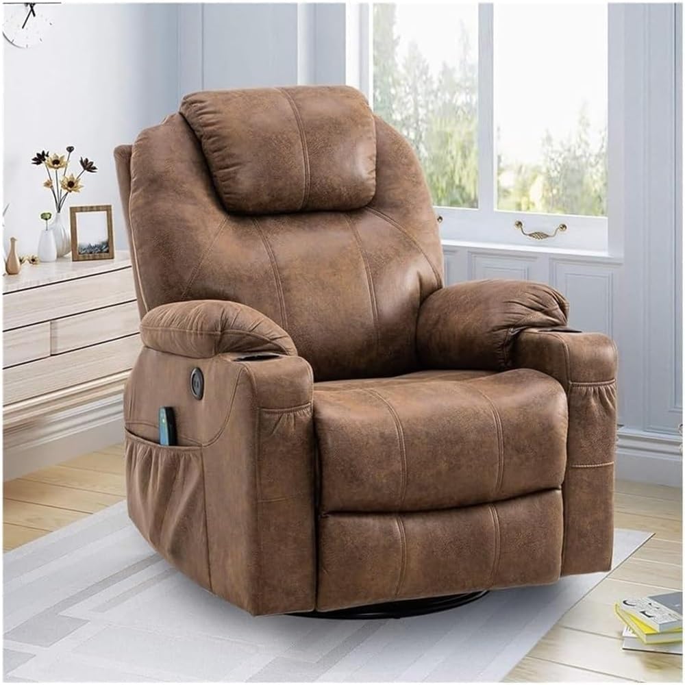 Brown Swivel Glider Recliner Chair for Adults with Heated Massage, Remote Control, Ergonomic Lounge Support, Cup Holders, Rocking and Swivel Function, Living Room Recliner Sofa