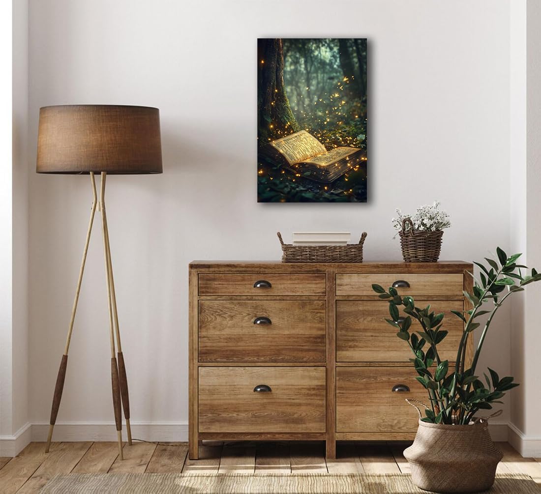 Fantasy Book Forest Canvas Print,Book Lovers Day picture,Dark Academia Magical Books Wall Art,Retro Library Books Club Party Decorations Gifts,Aesthetic Poster for Bedroom Living Room,16"x24" Unframed
