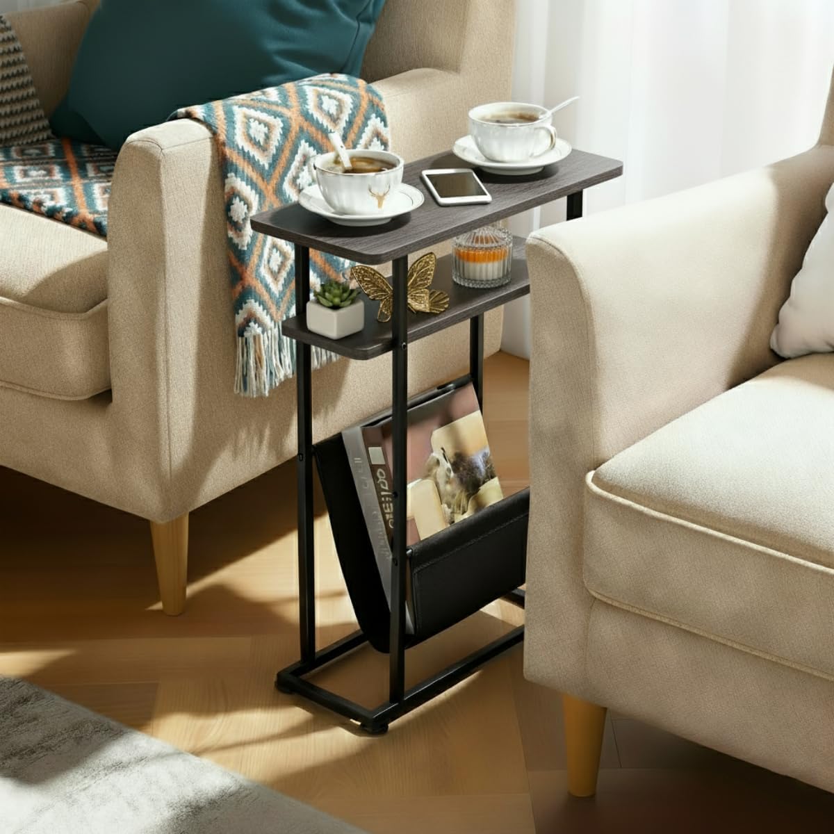 Narrow Small Side Table for Small Spaces - Slim End Table with Magazine Rack - Narrow End Table Living Room Couch Side Table- Skinny Bedside Table Nightstand Bedroom Thin Side Table (Grey)