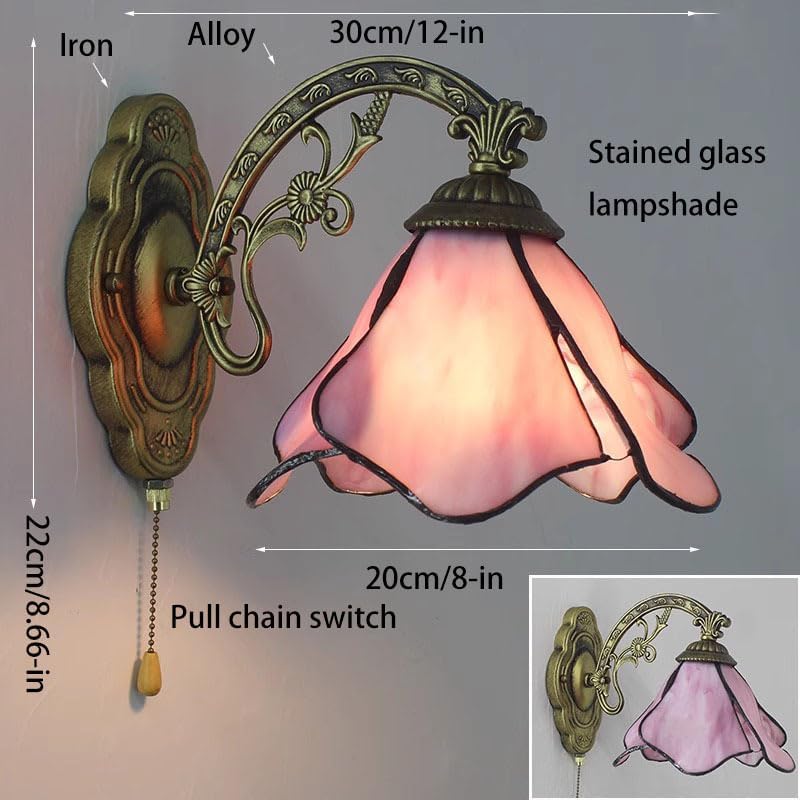 Solid Color Blue Pink Stained Glass Wall Sconce Lamp with Pull Chain Switch, Tiffany Style Vintage Wall Light for Bathroom Vanity Bedroom Bedside Reading Hallway Garage,Pink