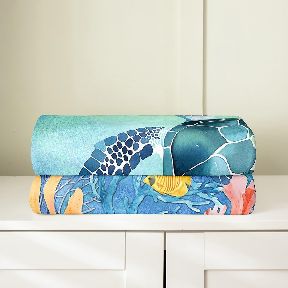 Teal Sea Turtle Fleece Blanket Queen Size, 3D Tortoise Reptile Throw Blanket for Home Couch Bedroom, Sea Animal Fuzzy Blanket, Blue Green Coastal Nature Flannel Blanket Soft Cozy Lightweight Blanket