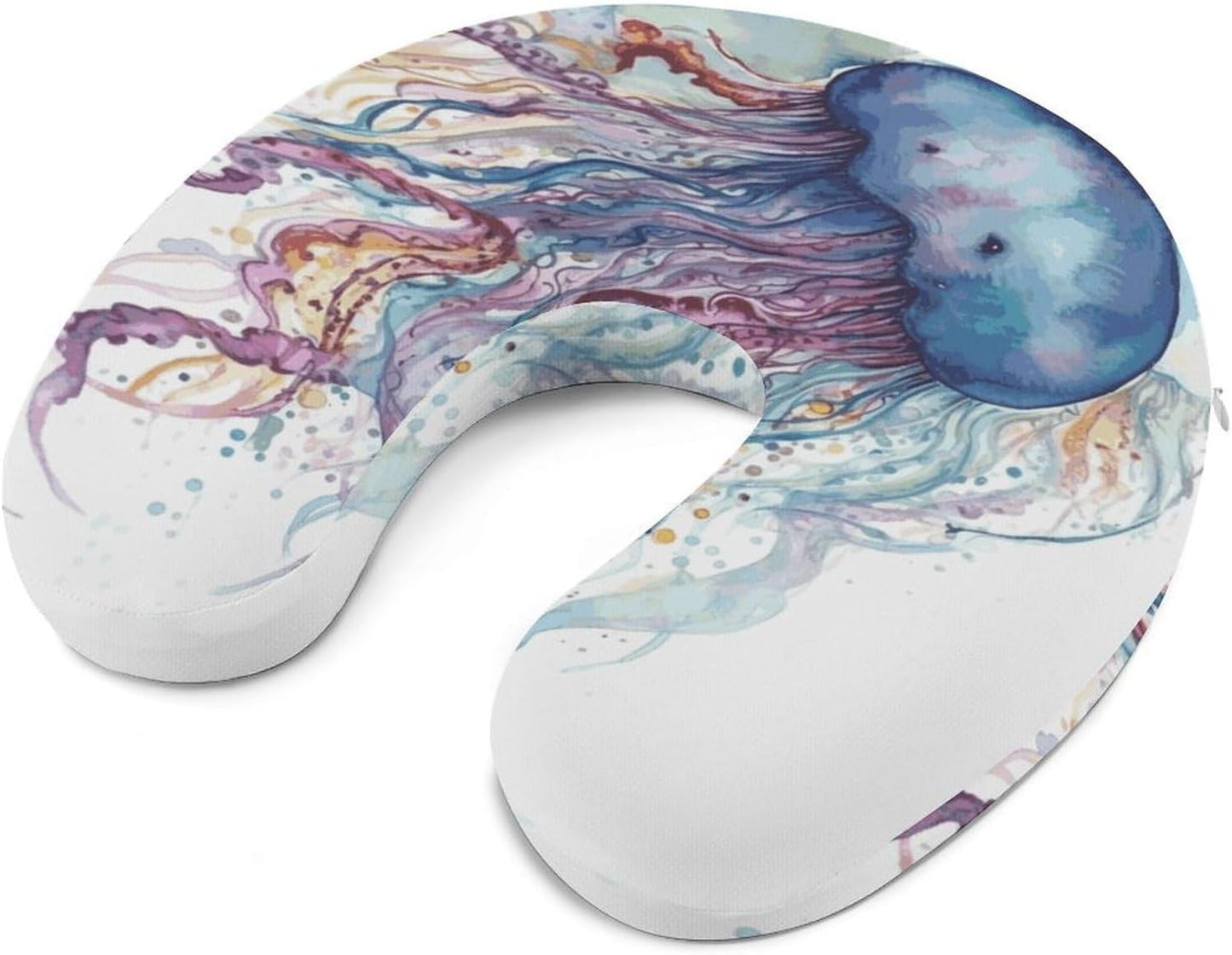 Watercolor Jellyfish Neck Pillow Memory Foam U Shaped Pillows Portable Pillows for Shoulder Travel Head Support Pillow with Concealed Zipper for Airplane Car Home Office