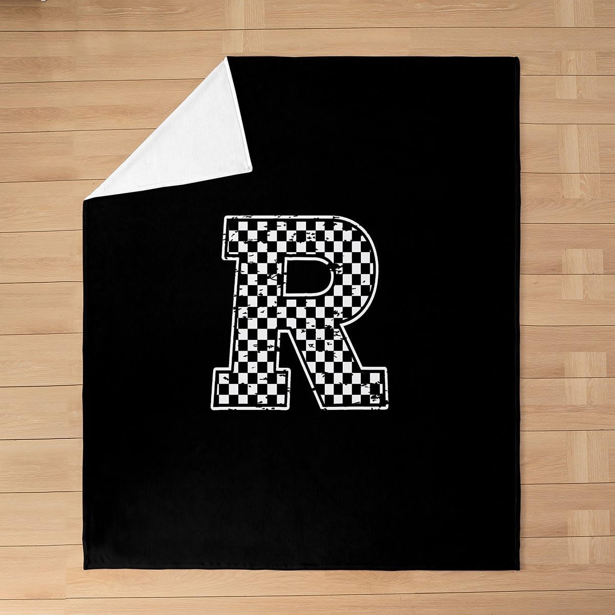 Initial Letter R Throw Blanket Throw 50x60 Race Style Racing Flag Flannel Blanket for Kids Teens Adults Geometric Plaid Black White Decor Fleece Blanket for Living Room Couch