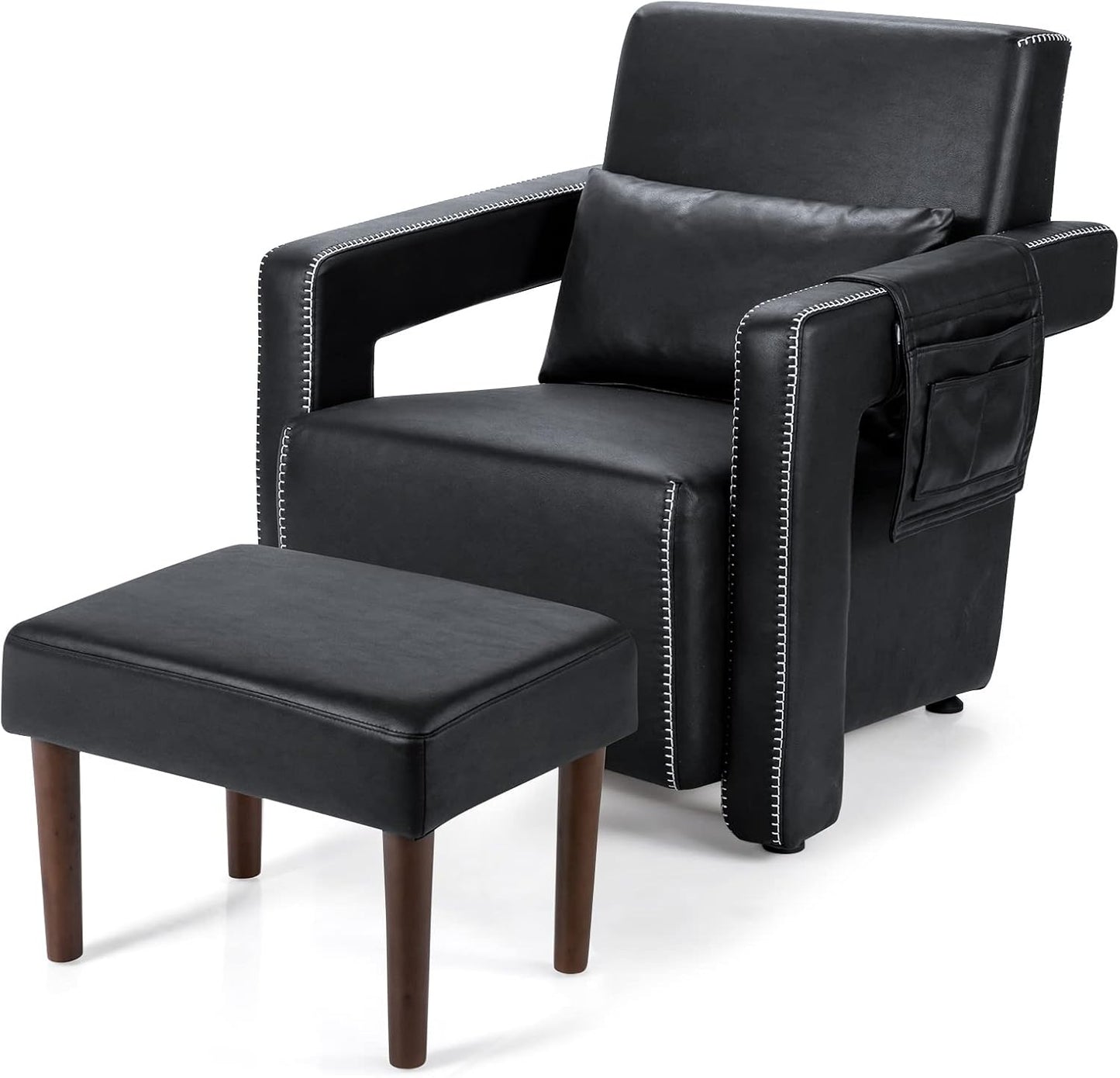 Giantex Modern Accent Chair with Ottoman, Soft Berber Fleece Single Sofa w/Side Storage Bag, Adjustable Foot Pads, Leisure Armchair for Office, Black