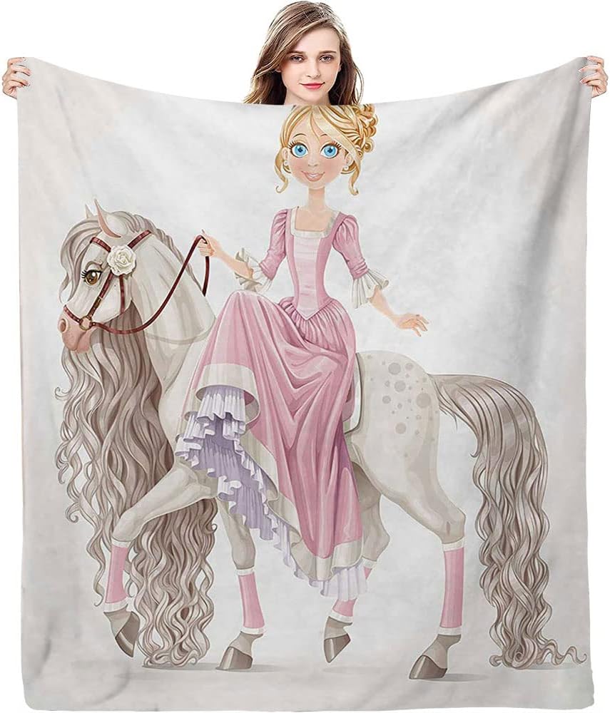 Plush Fleece Blanket, Pretty Smiling Princess on A White Horse with, Fluffy and ComfortableTeen Girls Soft and Cozy Throw Blankets, 30 x 40inches, Suitable for Bed and Sofa, Cream Pink