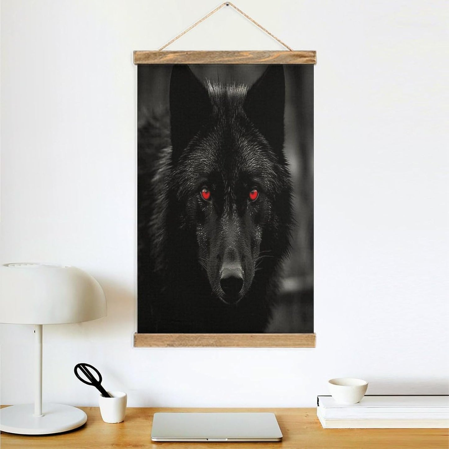 Vintage Black Red Eyed Wolf Poster with Wooden Frame Personalized Linen Hanging Scroll Painting Rustic Wall Hanging Illustrative Modern Artwork Decor for Home Living Room Bedroom Office