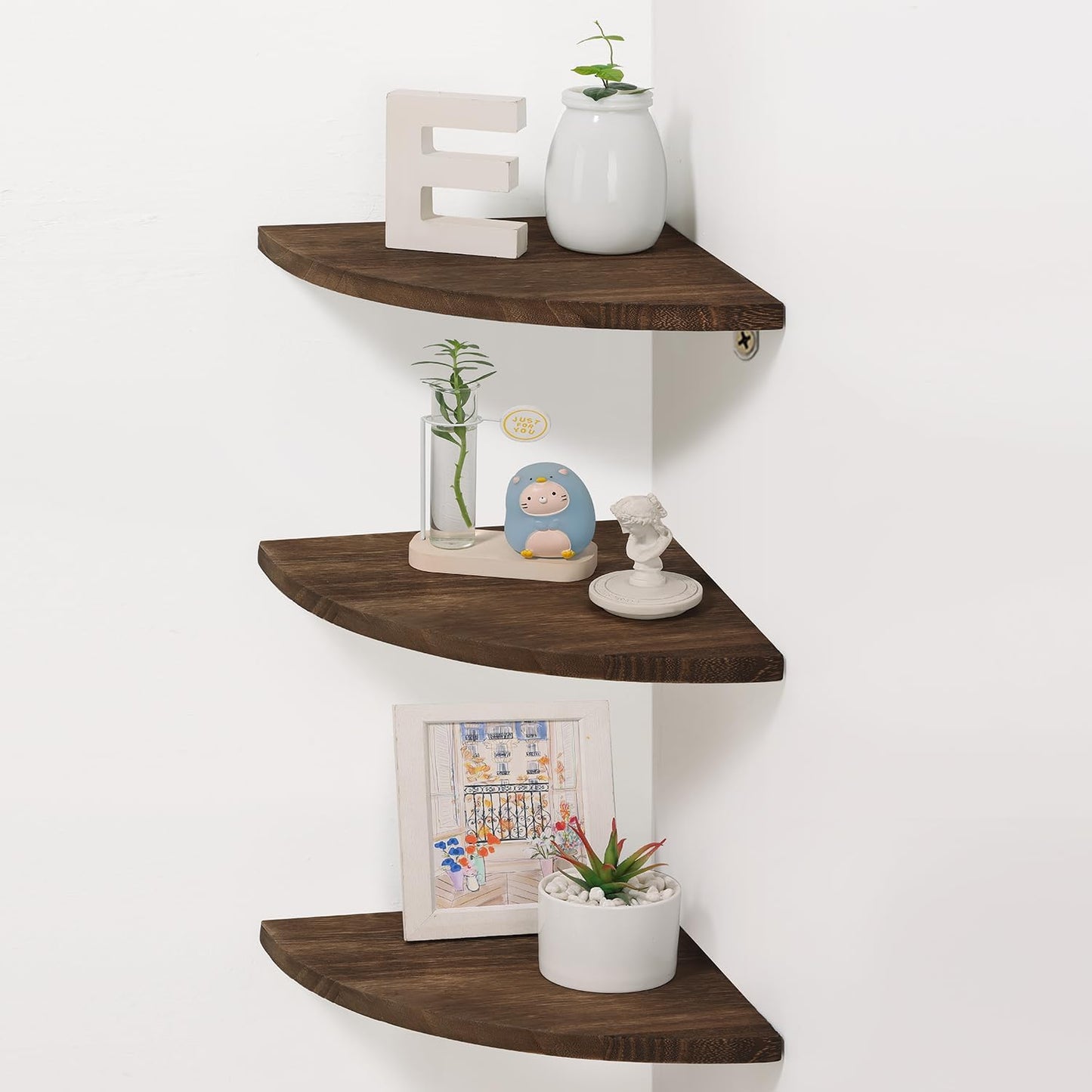 Joiishom Shelves 3, Rustic Wood Corner Wall Mount, 10x10x0.7 inches, 42 pounds Capacity