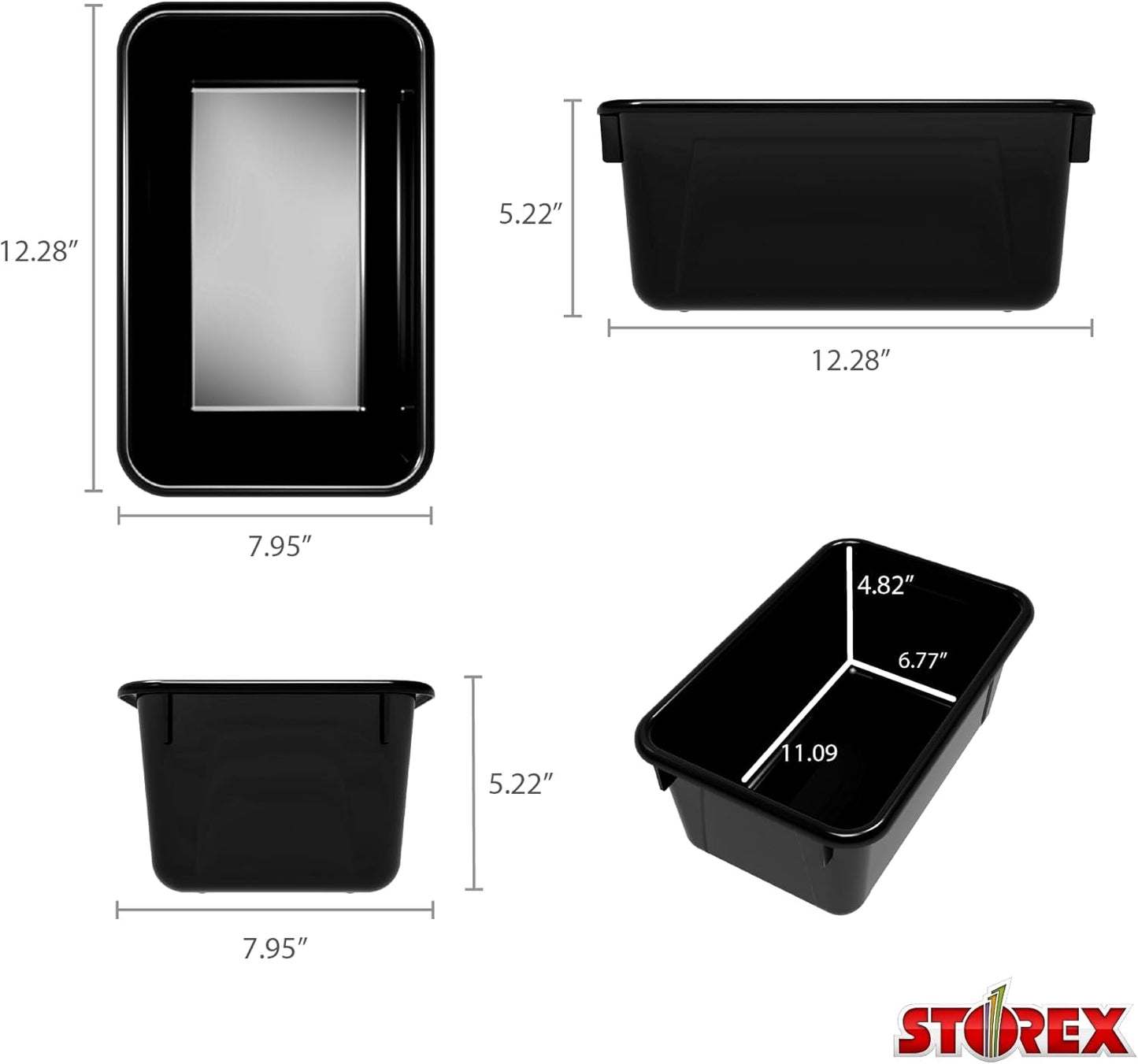 Storex Small Cubby Bins – Plastic Storage Containers for Classroom with Non-Snap Lid, 12.2 x 7.8 x 5.1 inches, Black, 5-Pack (62463U05C)