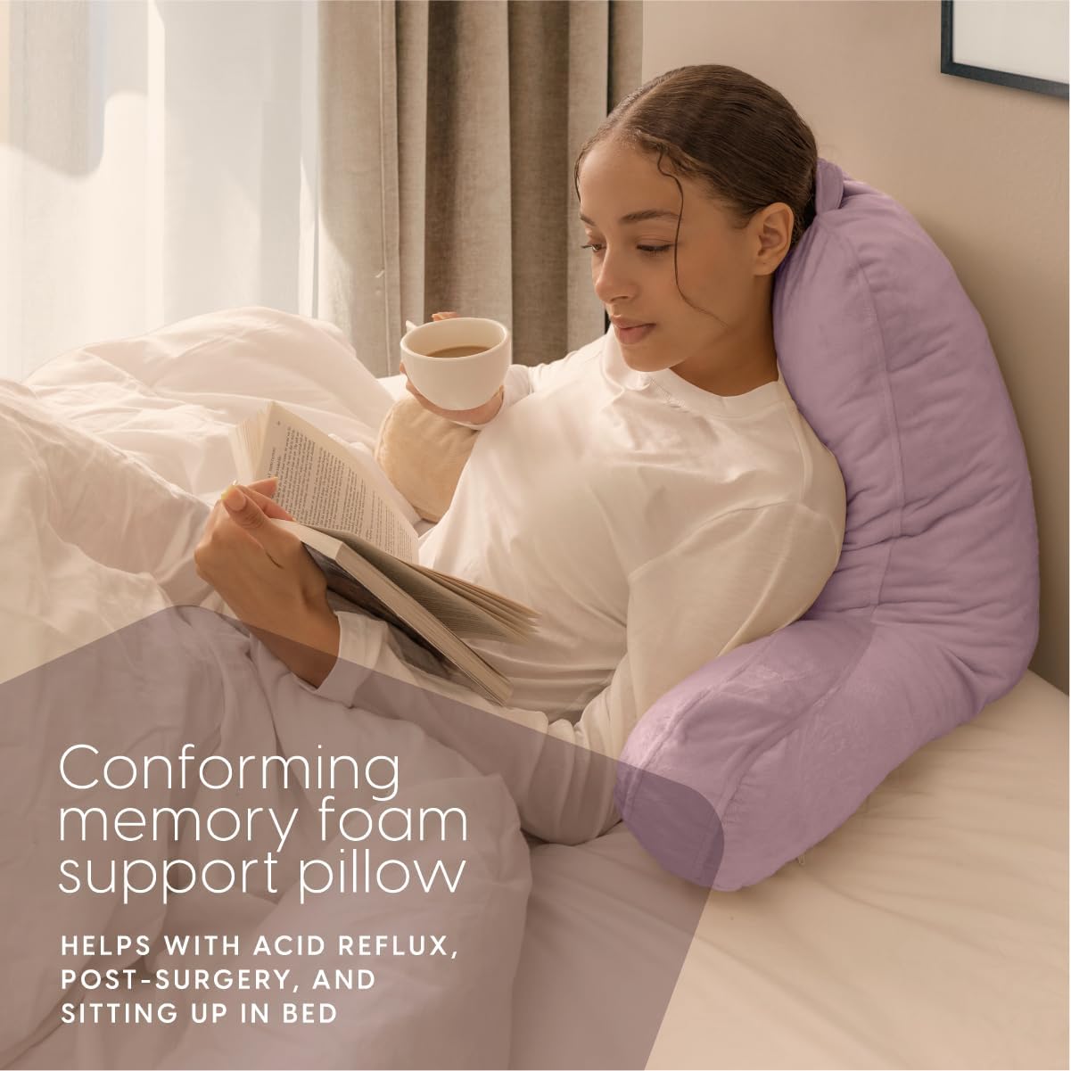 Milliard Reading Pillow with Arms, Lavender, Cozy Shredded Memory Foam Back Pillow for Bed Sitting Up - Sit Up Backrest Support for Reading & Rest Bed - Washable Cover, Adjustable Comfort, CertiPUR