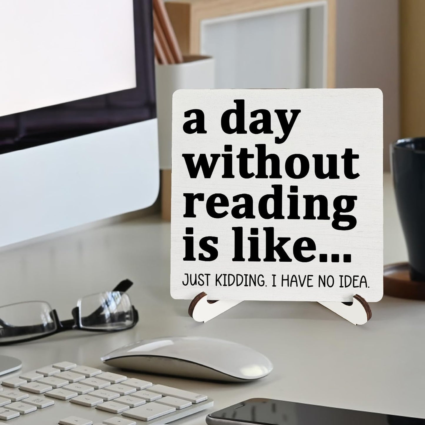 Funny Reading Wooden Sign Desk Decor, Book Lover Reader Bookworm Gifts Wood Plaque Sign With Stand for Reading Nook Corner Room Library Home Desk Table Shelf Decoration, 5x5 Inch
