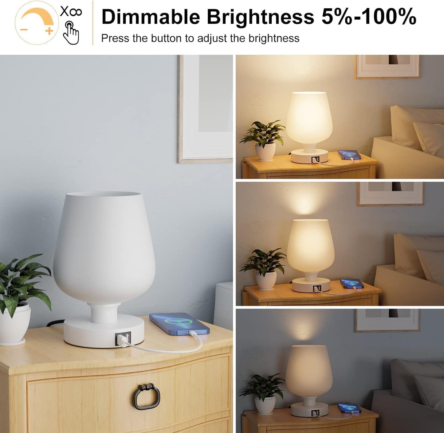 Touch Bedside Table Lamp with 2 USB Ports - 3 Way Dimmable Modern Small Lamps for Bedroom Living Room Nightstand, Desk Lamps with White Opal Glass Lamp Shade, Warm LED Bulb, Bulb Included