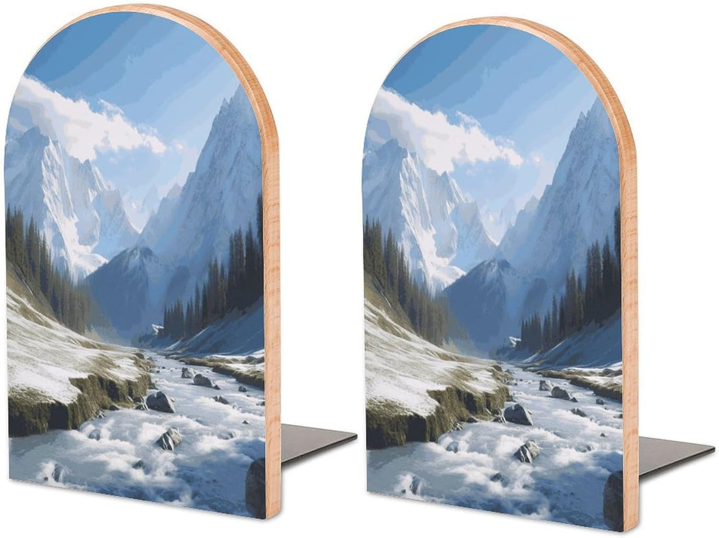 Snowy Mountains Bookend for Shelves Wooden Book End Large Size Sturdy Book Holders Stoppers with Metal Base for Bookshelves Slick Decorative Bookends Stands