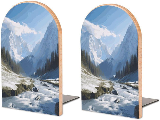 Snowy Mountains Bookend for Shelves Wooden Book End Large Size Sturdy Book Holders Stoppers with Metal Base for Bookshelves Slick Decorative Bookends Stands