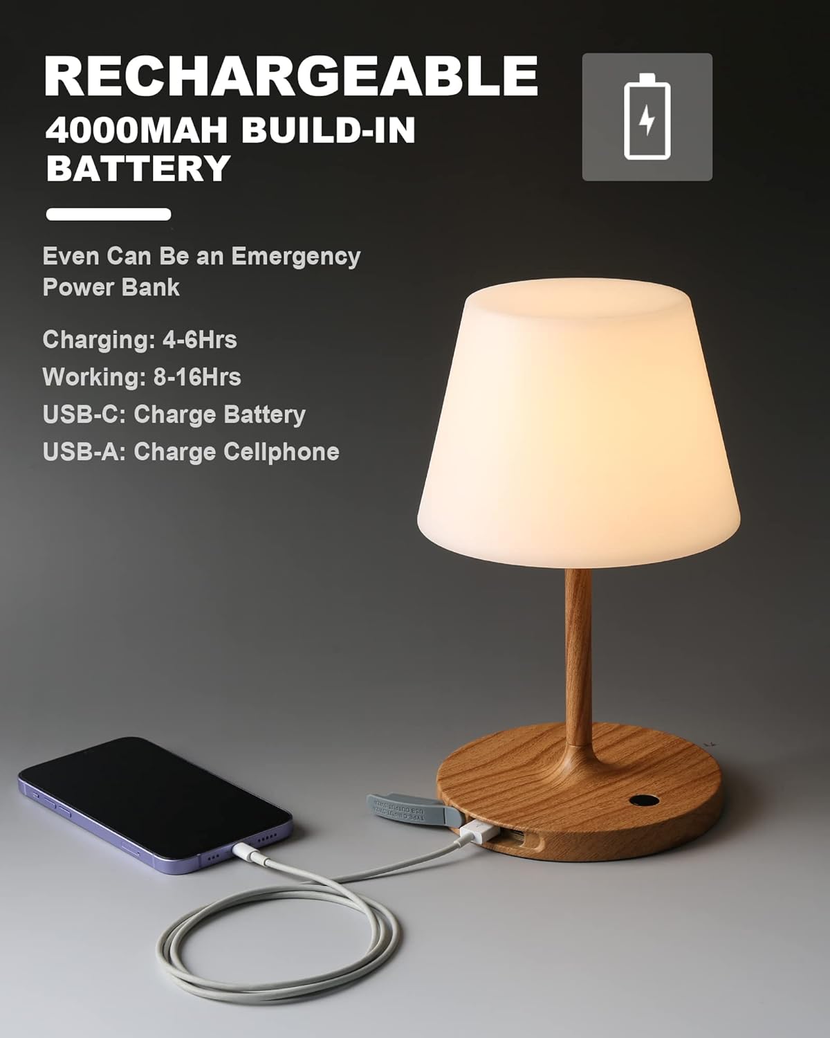 Outdoor Battery Operated Table Lamp Waterproof, 4000mAh Cordless Table Lamp Rechargeable, Touch Dimmable Desk Lamp, LED Night Light for Patio Camping Restaurant Home (Wood Grain, 9.6in)