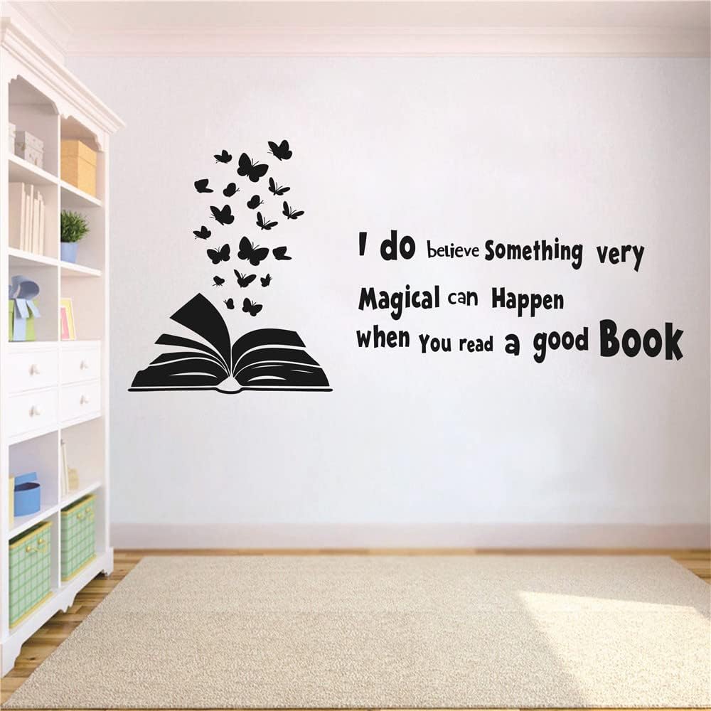 60x28 inches Reading Book Wall Decal Open Book Butterflies Reading Room Quote Wall Decoration I do Believe Something Very Magical can Happen Kids Children Study Bedroom Poster AFN03 (Black)
