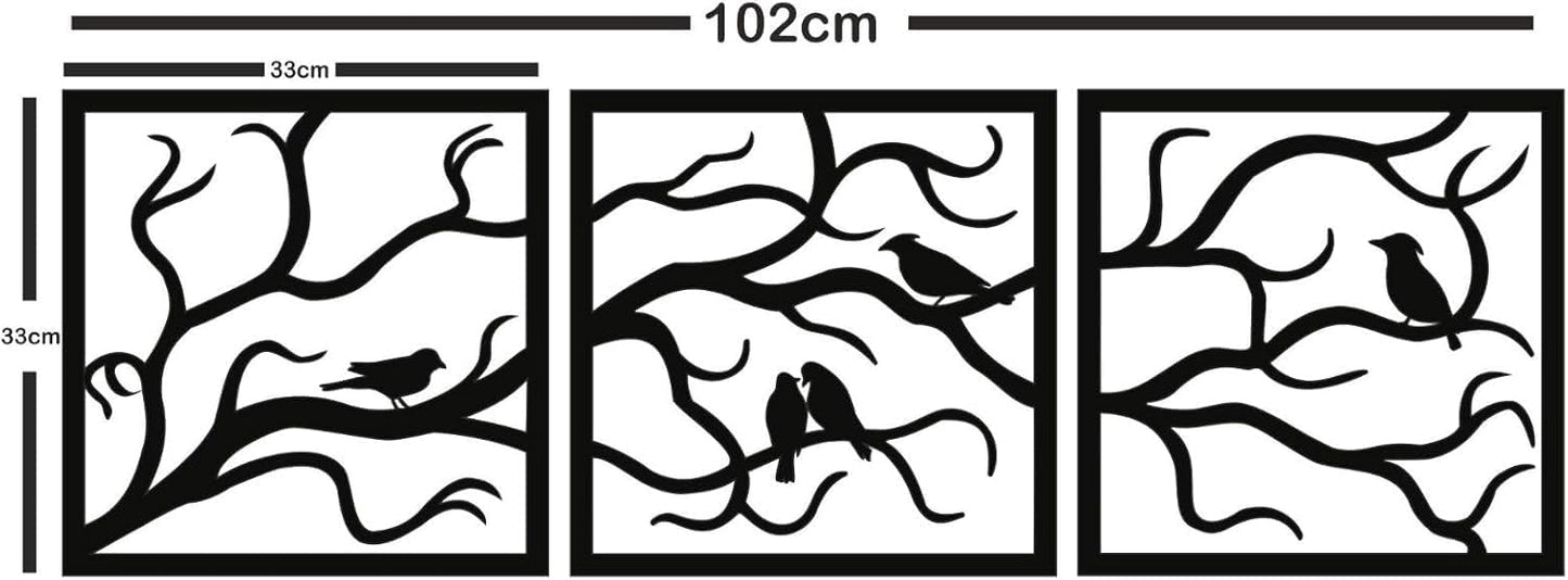 Metal Wall Art, Birds on Branch 3 Pieces, Tree Wall Art, Tree Sign, Wall Decor, Interior and Outdoor Decoration, 3 Panels Wall Hangings (40"W x 13"H / 102x33cm)