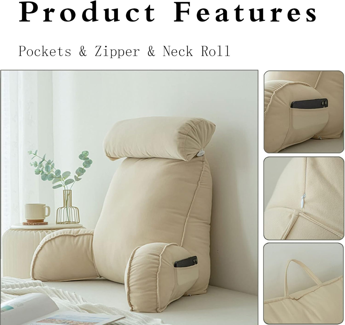 reading pillow,cuddle cushion, Back Support Large Waist Pillow, Backrest Pillow with Armrest, Lumbar Support Cushion, Great As Backrest For Books Or Gaming, Removable Cover and Pockets 75 * 40 * 58cm(