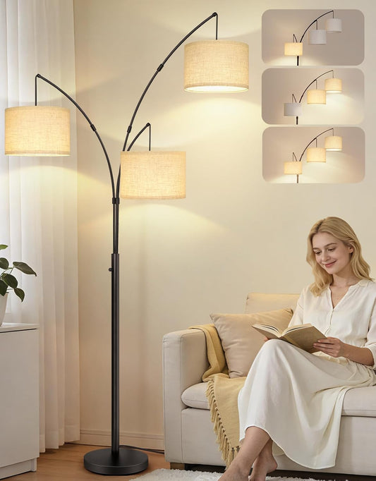 OUTON Arc Led Floor Lamp, Modern 3 Light Arched Tall Floor Lamps for Living Room, Mid Century Adjustable Standing Corner Lamps for Bedroom Office, 3 LED Bulbs Included, Beige Lampshade