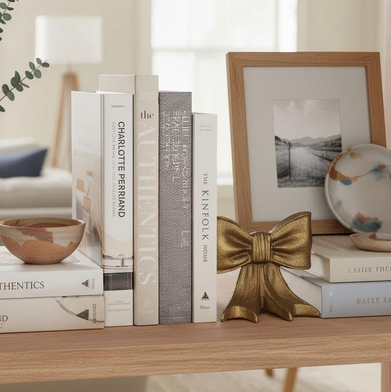 Gold Bow Metal Bookends Set of 2 Heavy Duty Cast Iron Book Ends for Heavy Books Unique Modern Decorative Book Holders for Shelves Home Accent Decor