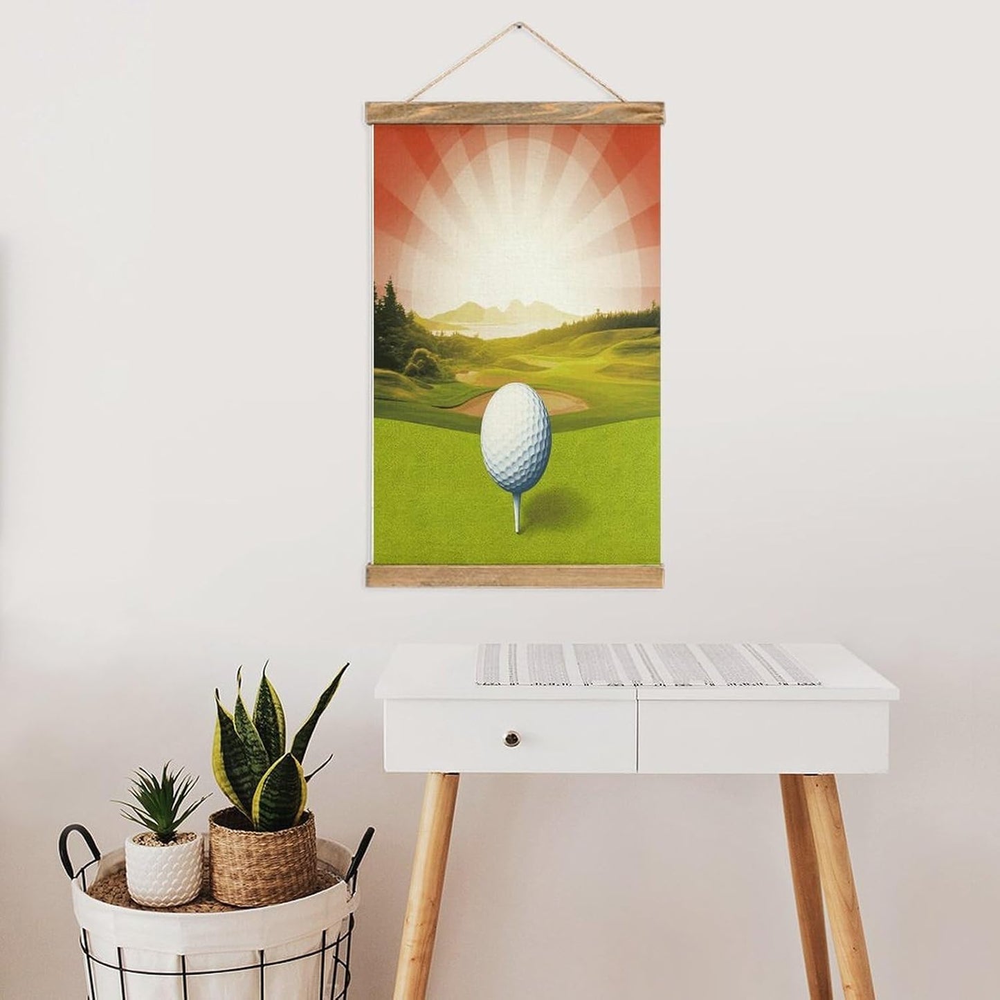 Vintage Golf Sport Poster with Wooden Frame Personalized Linen Hanging Scroll Painting Rustic Wall Hanging Illustrative Modern Artwork Decor for Home Living Room Bedroom Office