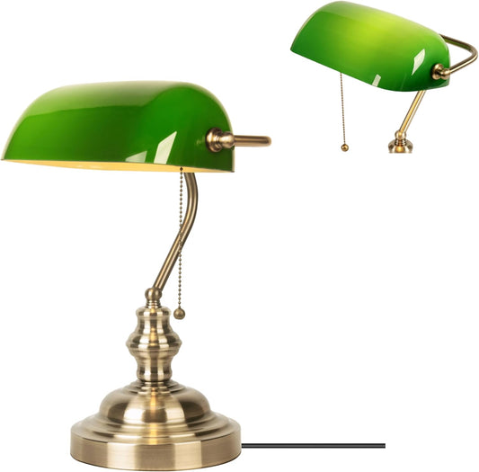 Green Glass Bankers Desk Lamp,Antique Desk Lamps with Brass Base, Traditional Library Lamp with Pull Chain, E26 Base, Vintage Desk Lamp for Office, Study Room