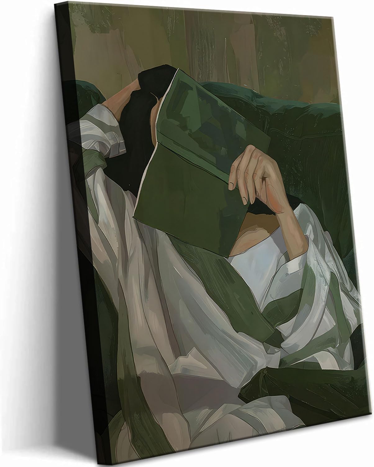 Emerald Green Reading Woman Canvas Wall Art Abstract Cozy People Wall Decor Pictures Minimalist Green Feminine Aesthetic Poster Print for Bedroom Living Room Home Decoration 16x24in