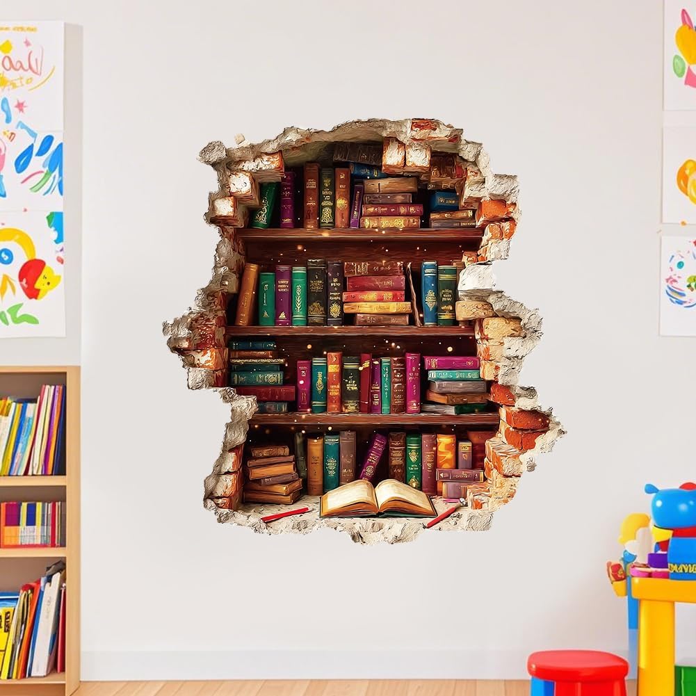 PLIGREAT Vintage Book Break Through Wall Decals, 3D Broken Wall Stickers Removable Vinly Bookshelf Mural Stickers for Reading Room Bedroom Living Room Home DIY Decor, 2 Sheets