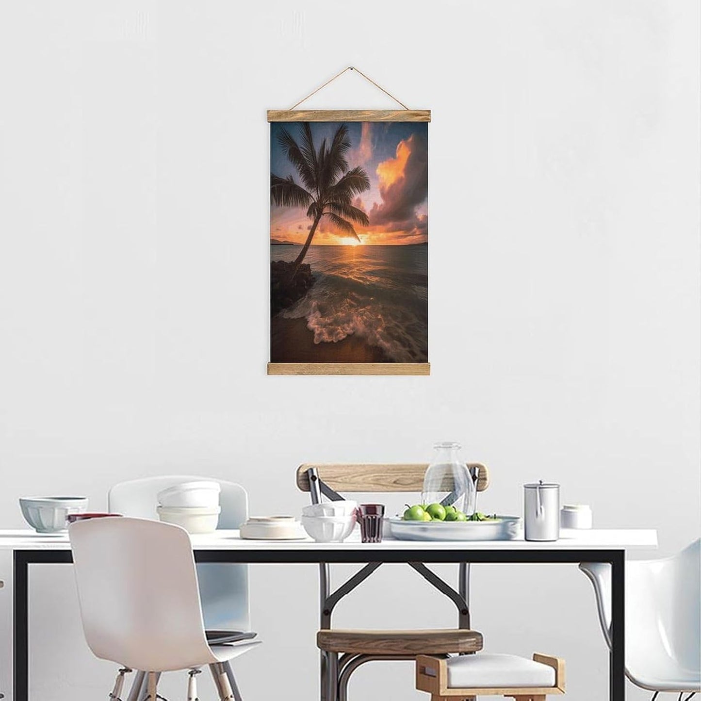 Vintage Palm Tree Sunset Beach Poster with Wooden Frame Personalized Linen Hanging Scroll Painting Rustic Wall Hanging Illustrative Modern Artwork Decor for Home Living Room Bedroom Office