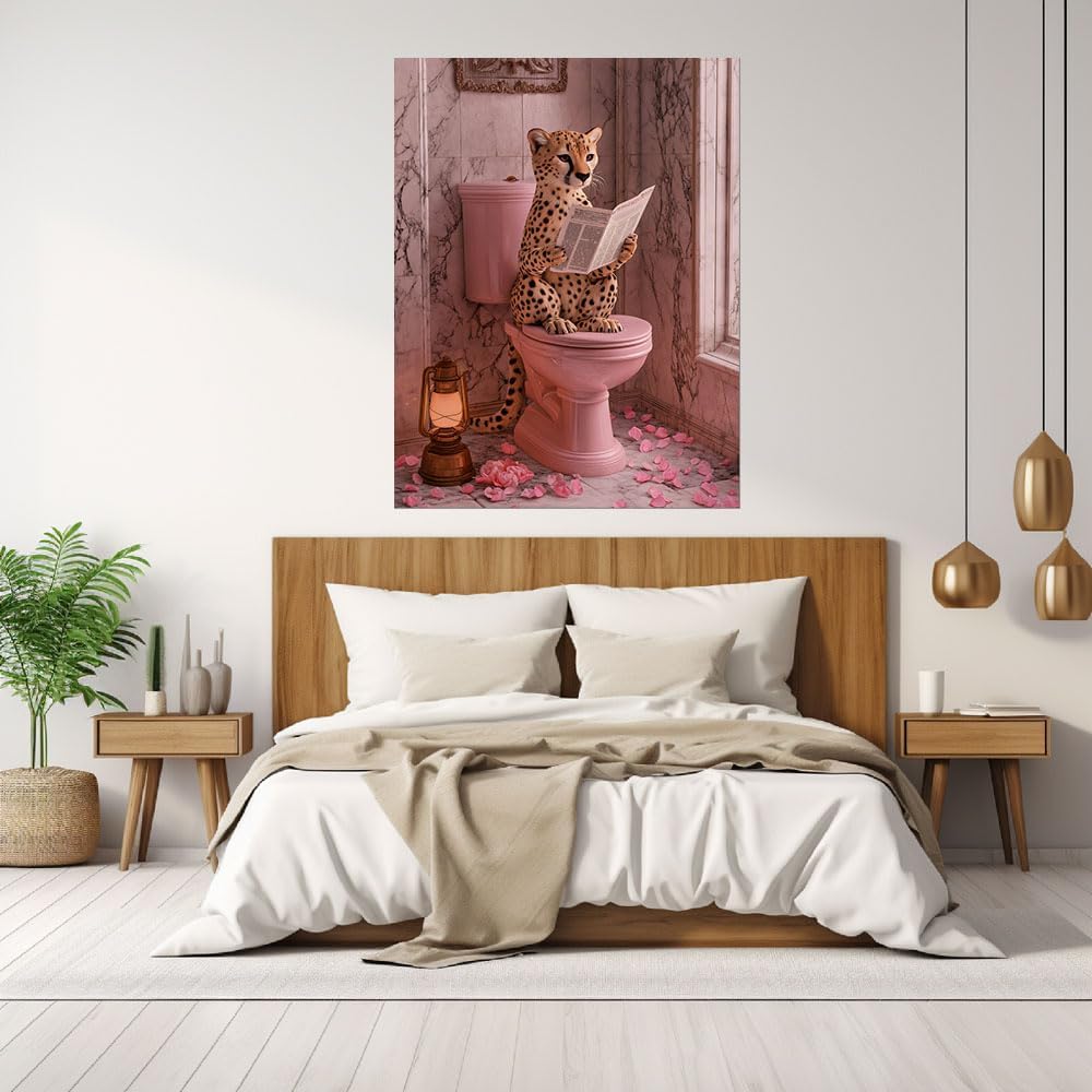 Mudket Funny Cheetah Poster Canvas Wall art for Bathroom, Framed Ready to Hang, Modern Cool Pink Leopard Reading Picturess Art for Toilet Restroom Powder Room Decor - 24" L x 16" W