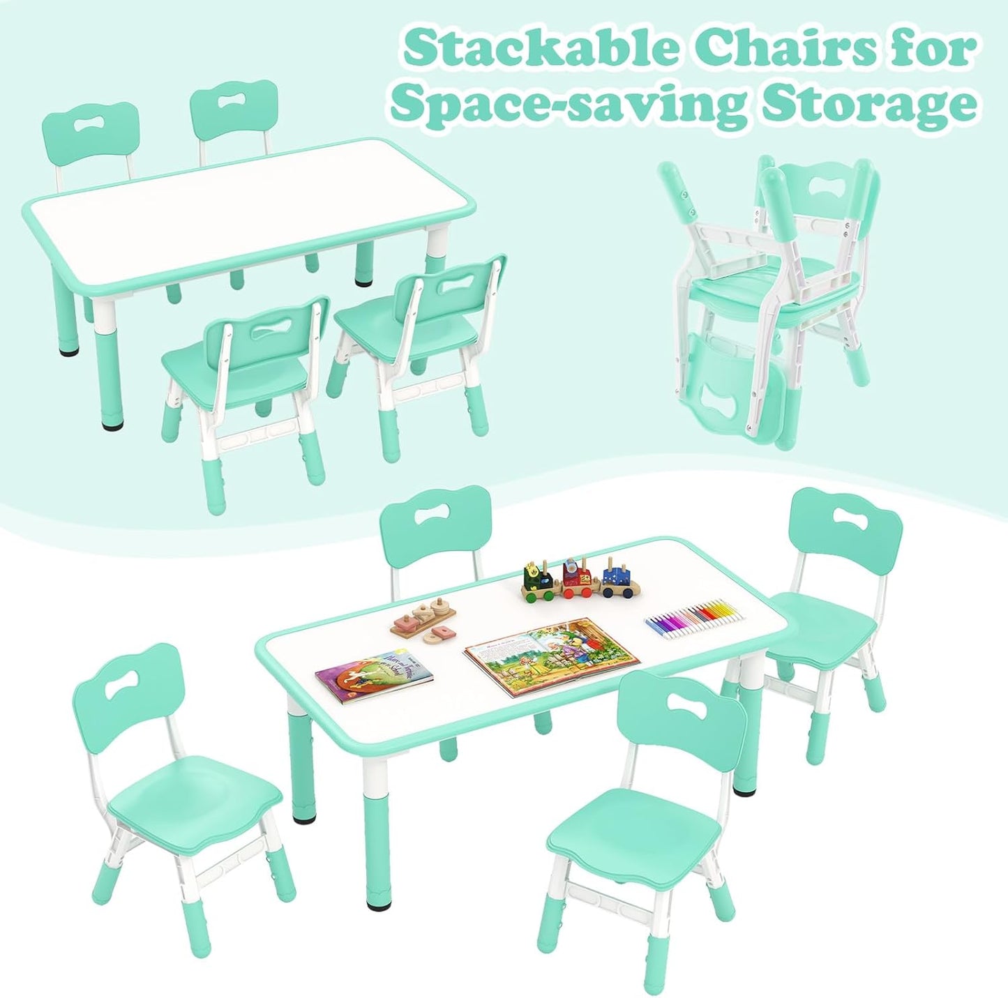 INFANS Kids Table and Chiar Set, Height Adjustable Toddler Desk and 4 Chairs with Graffiti Desktop Non-Slip Legs, Large 47" L x 23.5" W Multi-Activity Art Table for Daycare Classroom Home (Green)