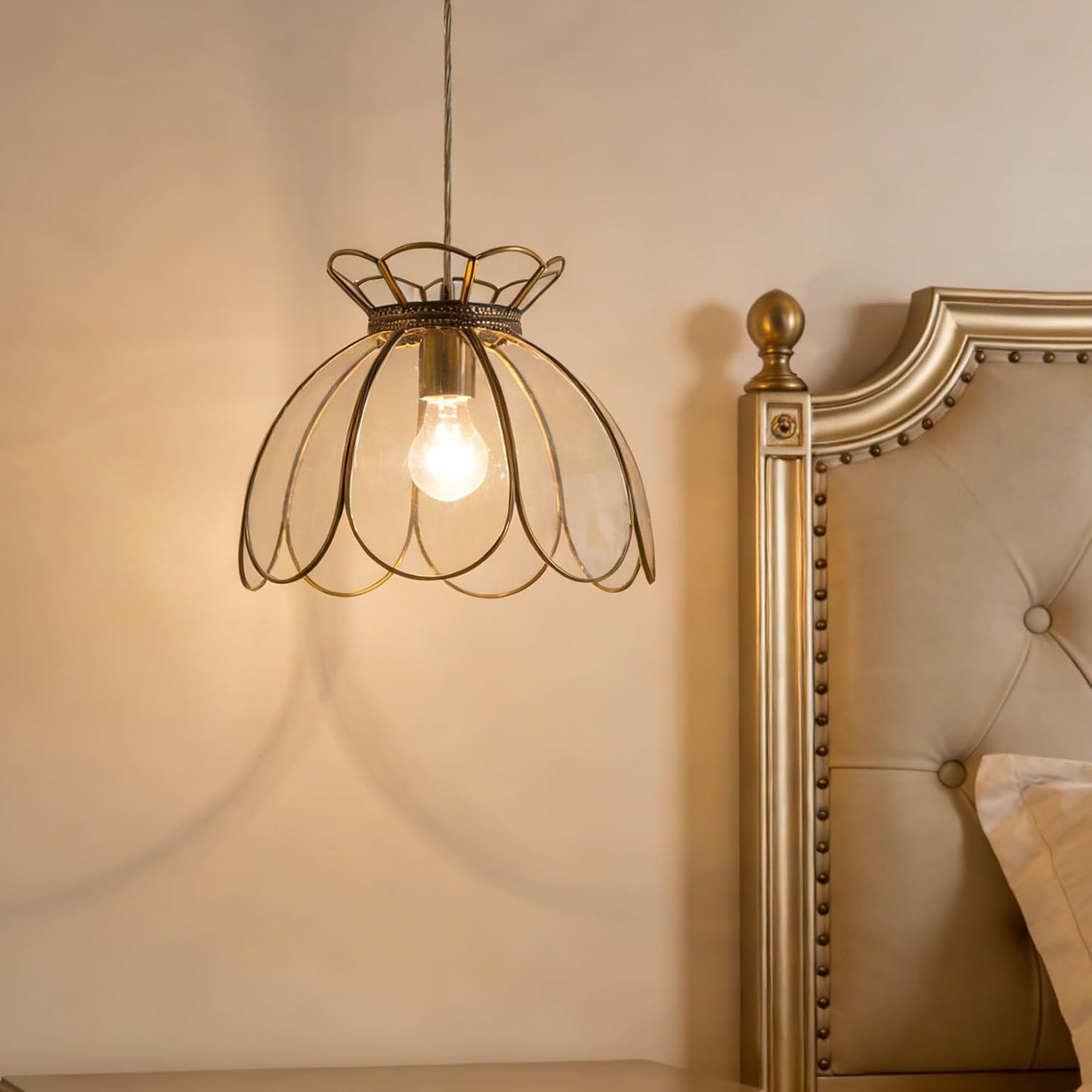Brass Glass Ceiling Pendant Light, Hanging Chain lamp, with Vintage Lotus Flower Glass Shade for Kitchen Island Dining Room Bedroom Living Room-12 Clear Large Shade